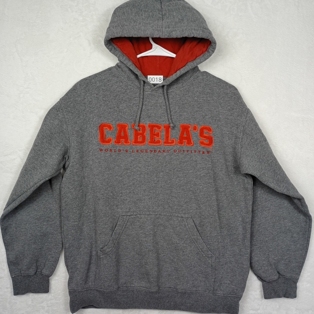 Cabelas Mens Small Gray Red‎ Embroidered Logo Pullover Hoodie Sweatshirt S Reg